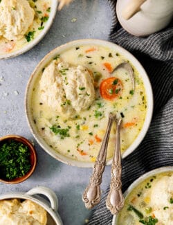 A bowl of chicken pot pie soup with a biscuit floating on the top.