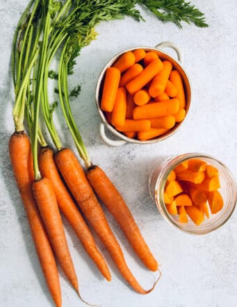 whole carrots with green tops, bagged carrots, and cut carrots