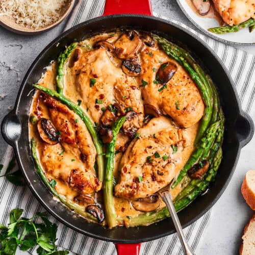 overhead photo of Chicken Madeira in a skillet