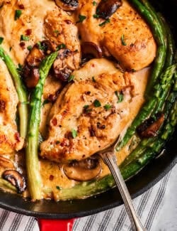 overhead photo of Chicken Madeira in a skillet