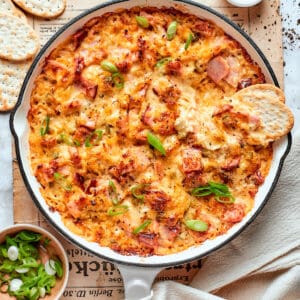 Overhead view of Reuben dip in pan with crackers