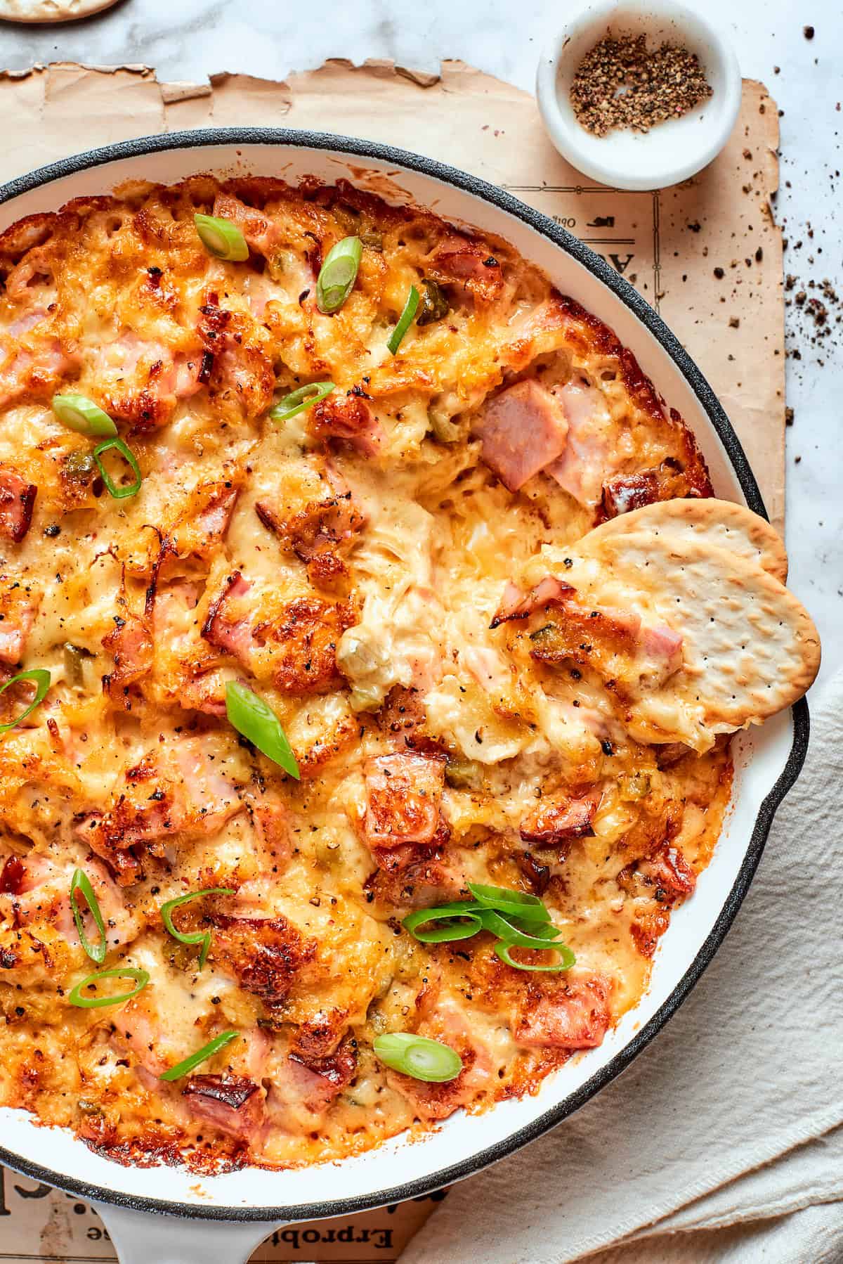 Overhead view of Reuben dip in pan