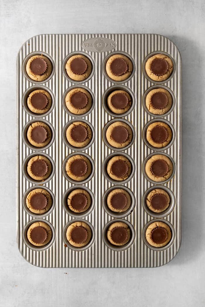 These Peanut Butter Cup Cookies feature soft and chewy peanut butter cookies stuffed with a gooey, chocolatey Reese's cup. A mini peanut butter cup is pressed into the center of each cookie.