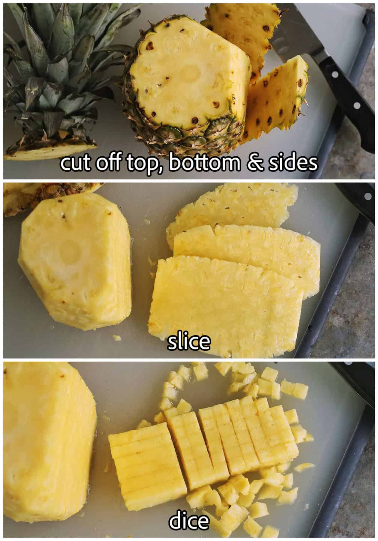 a collage of photos showing how to cut a pineapple