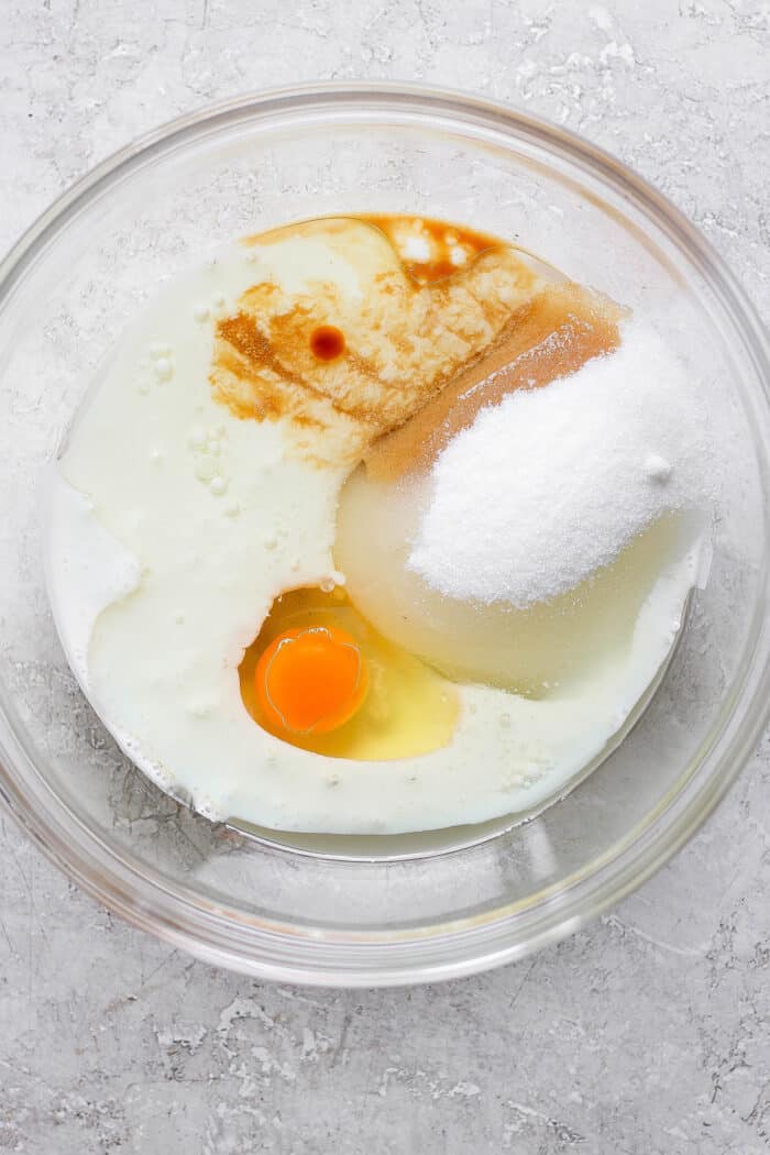 This Rhubarb Bread is gorgeously moist and tender, warmly spiced with cinnamon and spiked with orange zest. Egg is mixed into milk with sugar and vanilla.