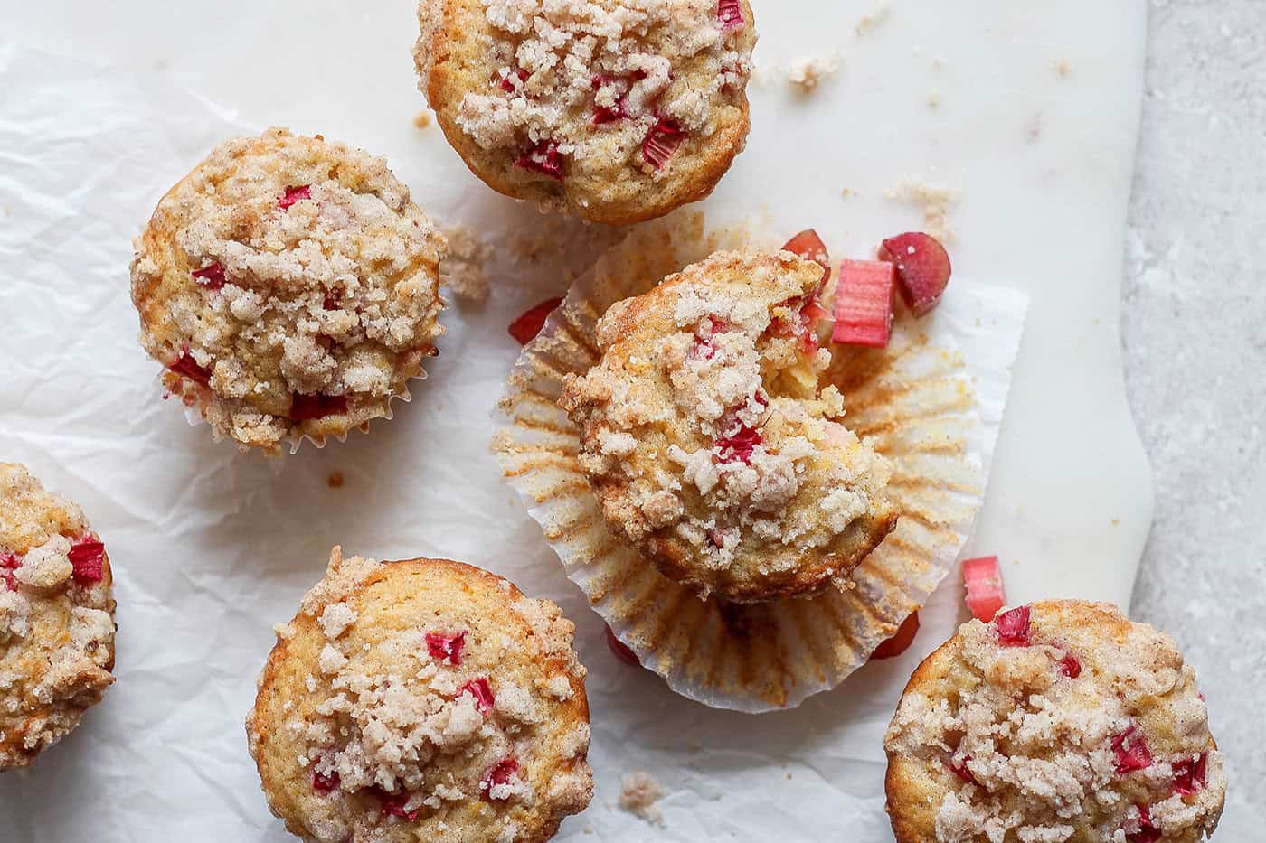overhead photo of rhubarb muffins