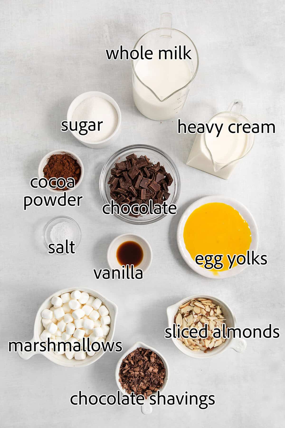 Rocky Road Ice Cream stars a creamy chocolate custard base that's loaded with almonds, marshmallows, and even more chocolate! Ingredients for rocky road ice cream are shown labeled and portioned: sugar, cocoa powder, heavy cream, milk, marshmallows, vanilla, egg yolks, sliced almods, chocolate chips.