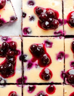 close-up, overhead photo of blueberry cheesecake bars