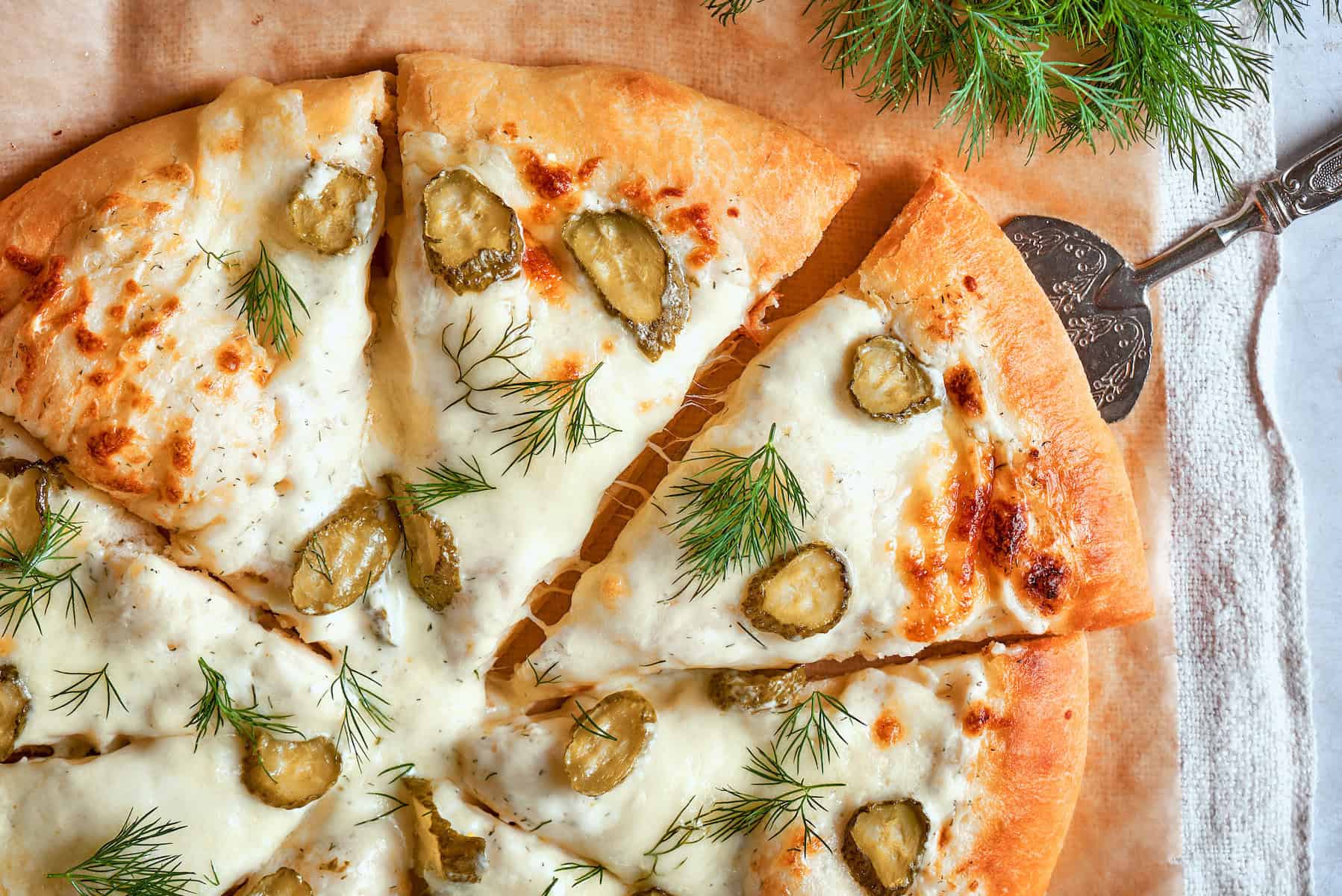 overhead photo of dill pickle pizza