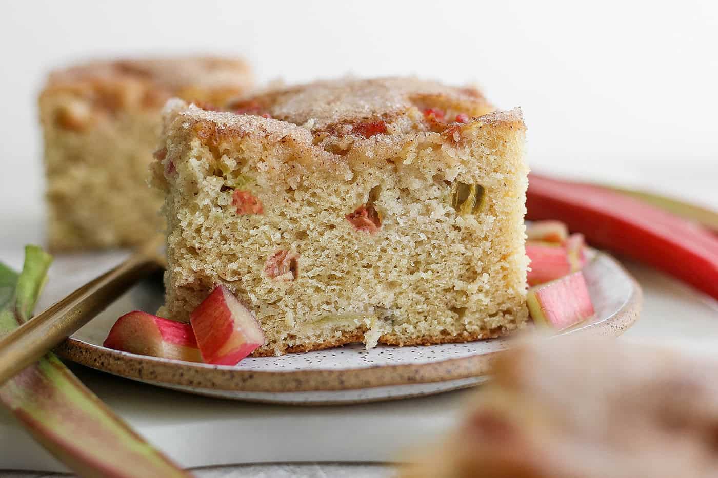 a piece of rhubarb coffee cake on a plate