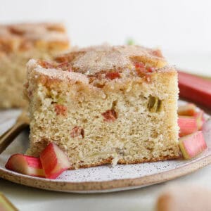 a piece of rhubarb coffee cake on a plate