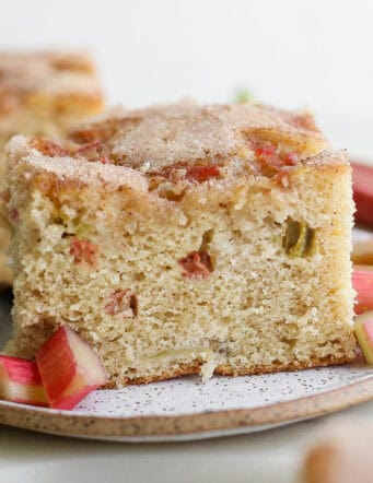 a piece of rhubarb coffee cake on a plate