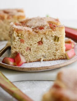a piece of rhubarb coffee cake on a plate