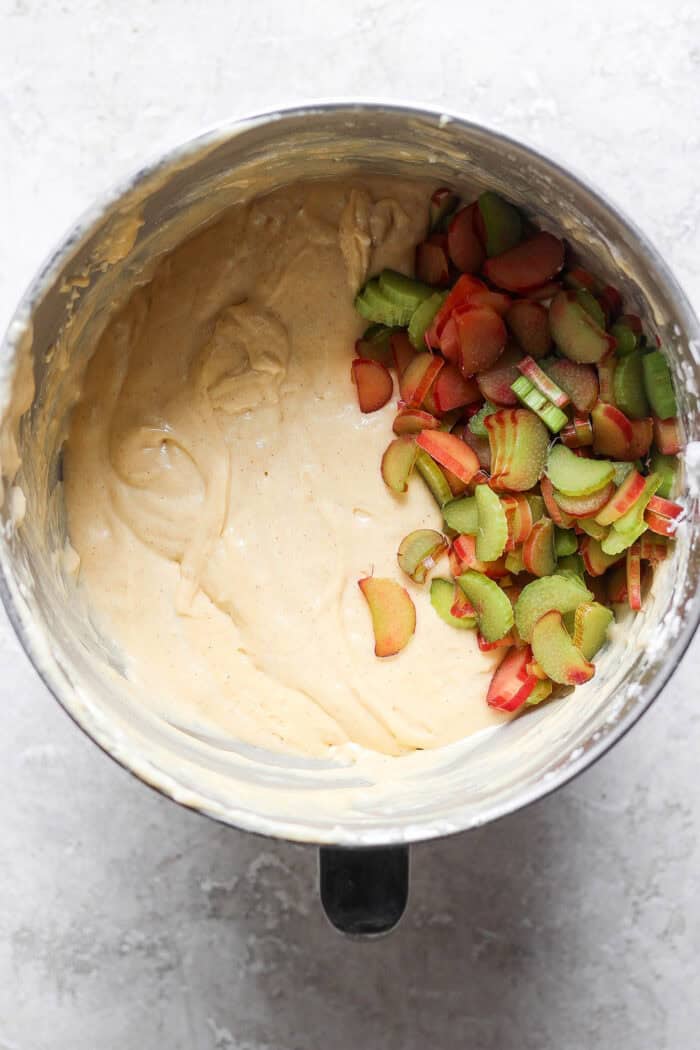 batter for rhubarb coffee cake in a metal mixing bowl