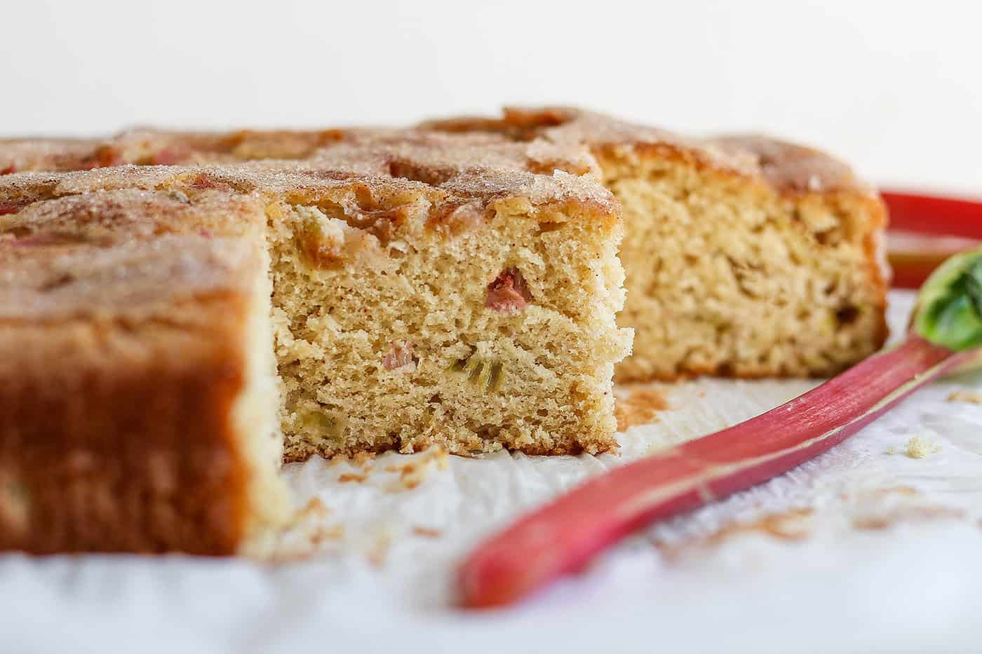 side view of rhubarb coffee cake