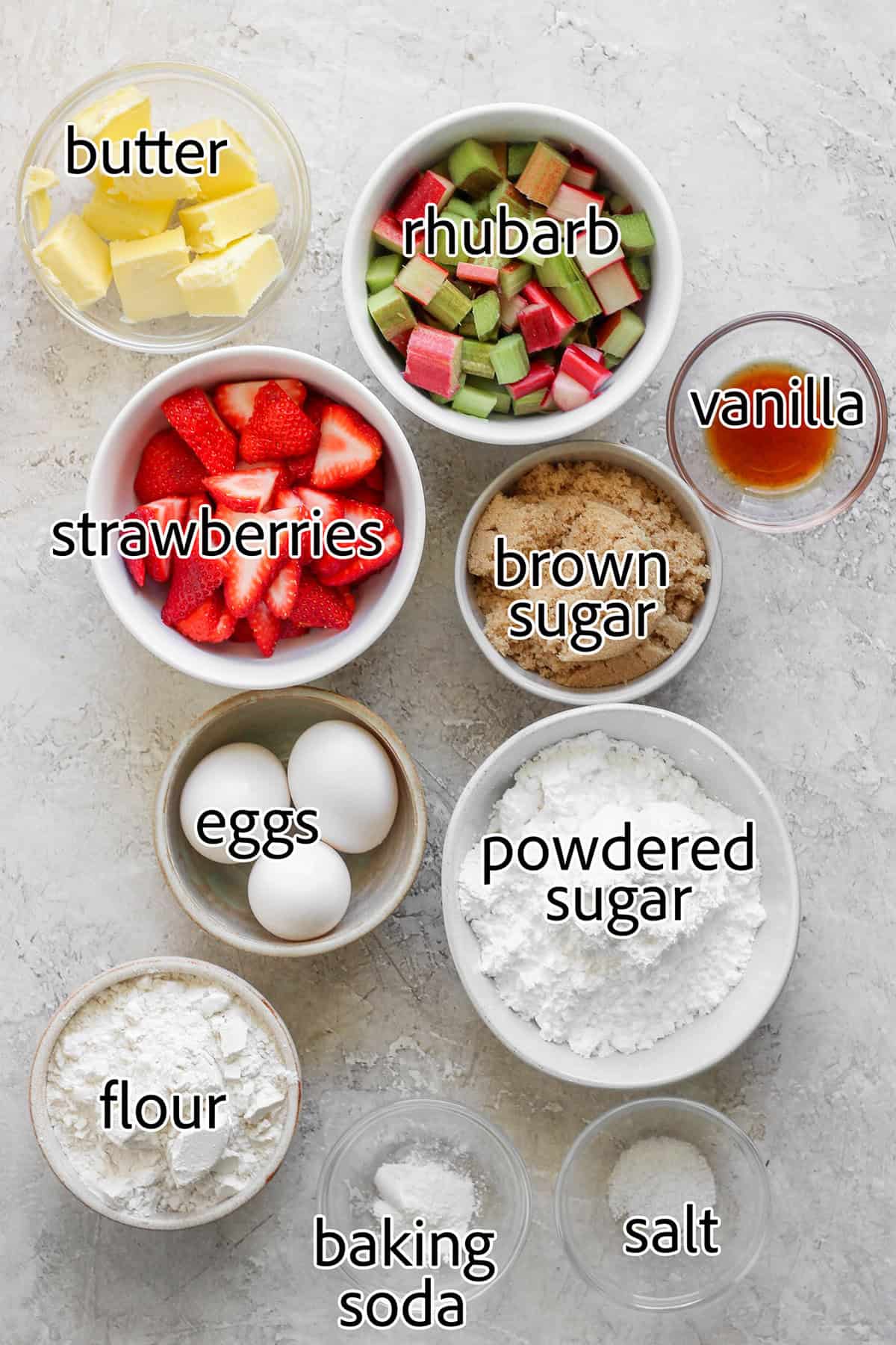 ingredients needed to make strawberry rhubarb bars