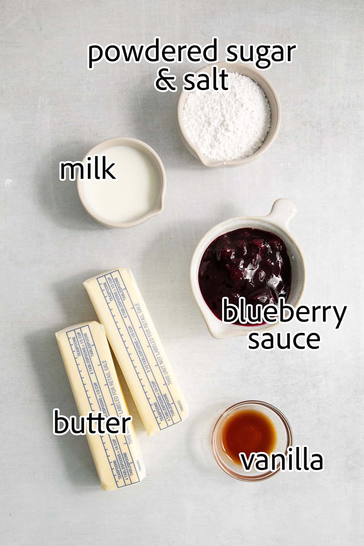 This Blueberry Butter is lightly sweet and luxuriously fluffy, with an easy homemade fresh blueberry sauce as its base. Ingredients for blueberry butter: powdered sugar, milk, vanilla, blueberry sauce, butter.