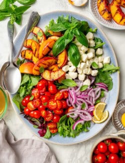 Salad greens are topped with grilled peach slices, red onion, fresh mozzarella, cherry tomatees, and basil leaves.