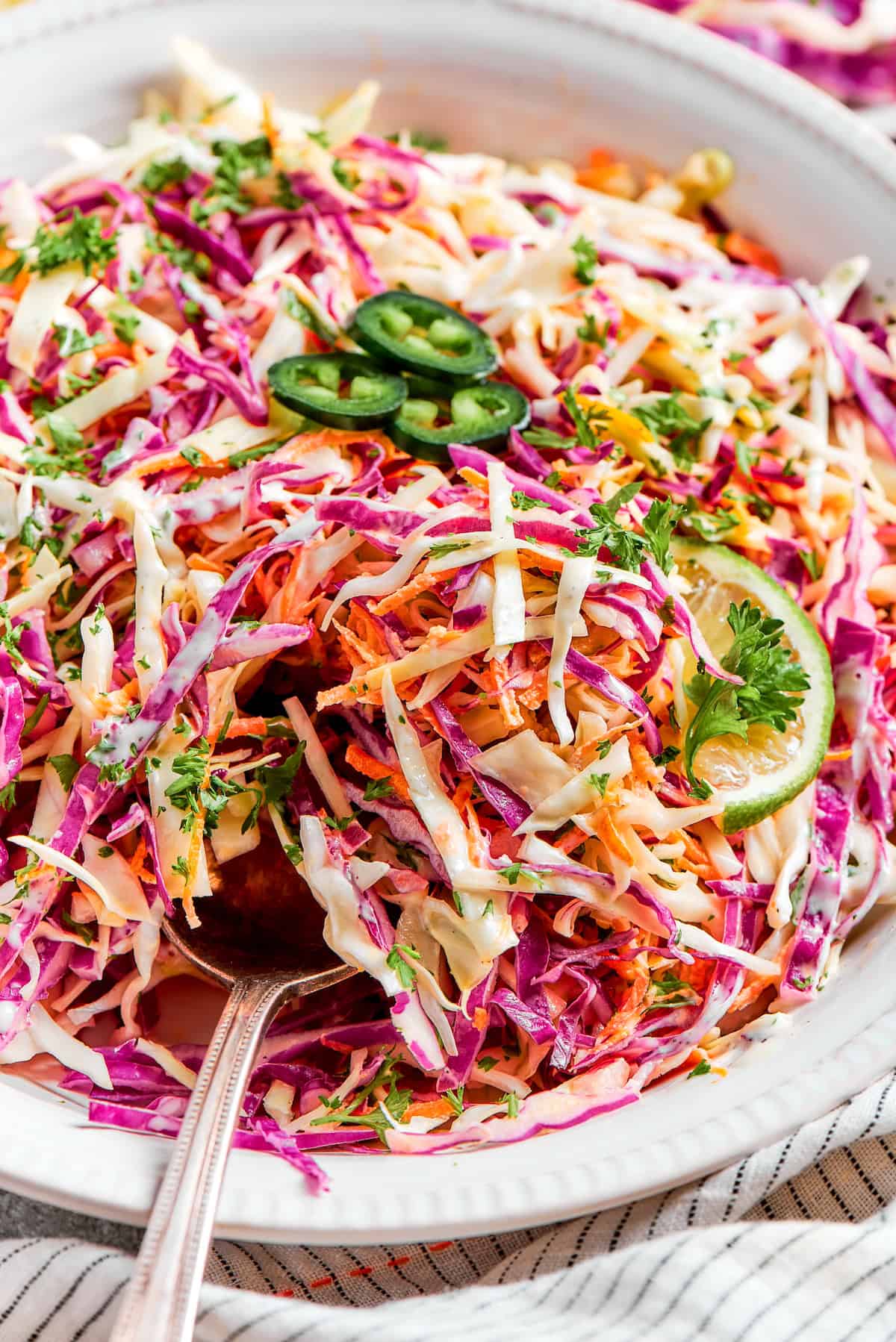 This jalapeño slaw recipe features a crunchy mix of vegetables including cabbage, cilantro, and carrots tossed in a lightly sweet dressing. A spoon digs into a bowl of jalapeño slaw.
