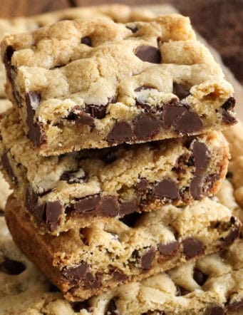 a stack of chocolate chip cookie bars