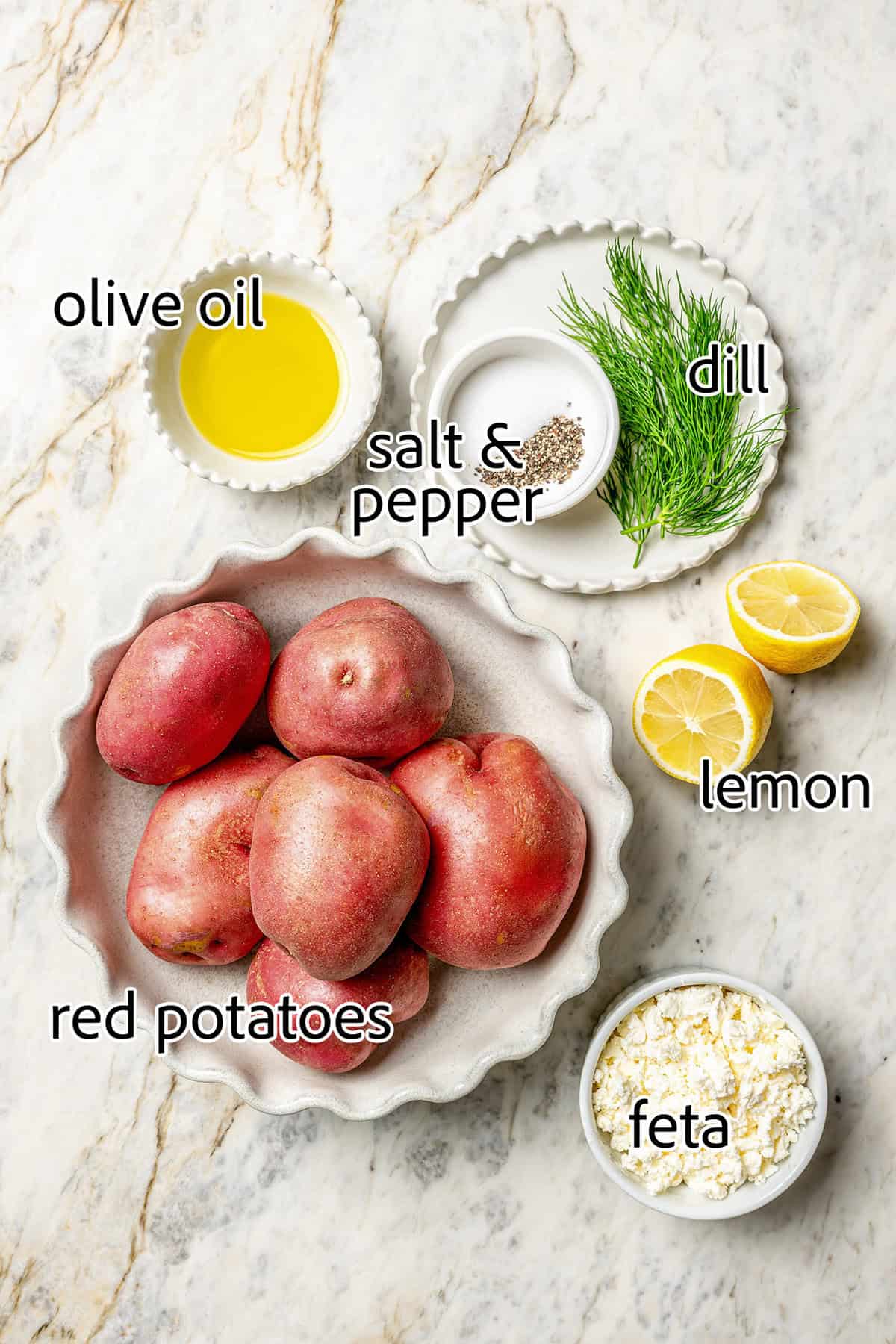 Crisp-tender Grilled Red Potatoes are spiked with the brisk flavors of dill, feta cheese, and lemon and grilled to perfection. ingredients needed to make grilled red potatoes with lemon, dill, and feta cheese
