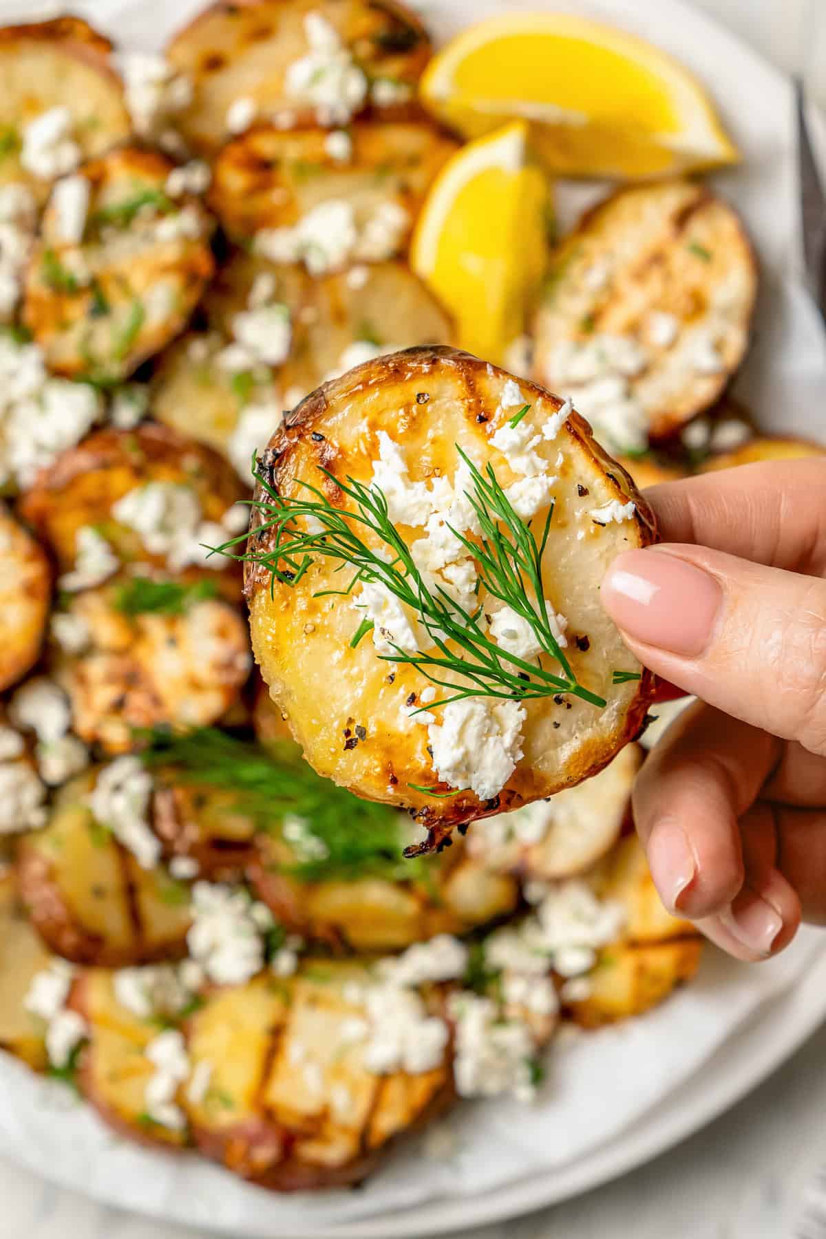 Crisp-tender Grilled Red Potatoes are spiked with the brisk flavors of dill, feta cheese, and lemon and grilled to perfection. A hand picks up a slice of grilled red potato with dill.
