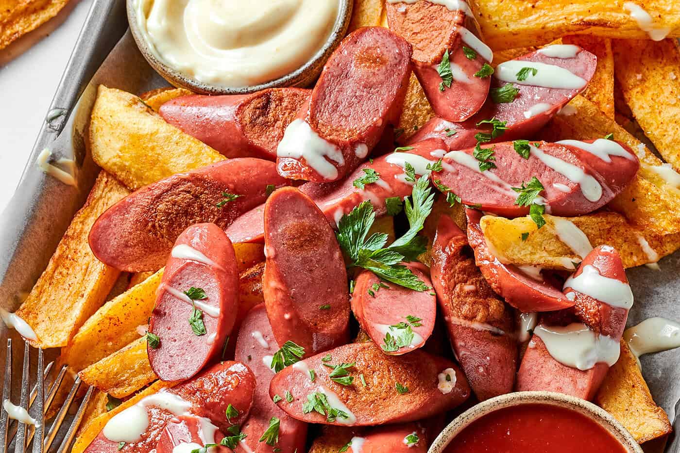 This Salchipapa recipe features crispy homemade french fries scattered with slices of beef hot dogs for a quick meal. a pan of salchipapa (potatoes and sausages) with dips