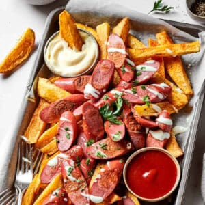 a pan of salchipapa (potatoes and sausages)