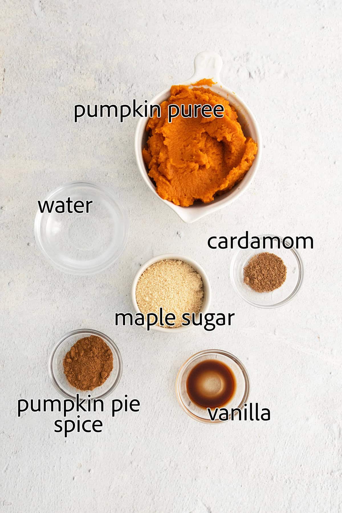 This Pumpkin Spice Latte has a base of pumpkin sauce sweetened with maple sugar that's mixed with strong espresso and topped with frothy milk. Ingredients for pumpkin spice sauce are labeled: ground cardamom, pumpkin pie spice, maple sugar, water, pumpkin puree, vanilla.