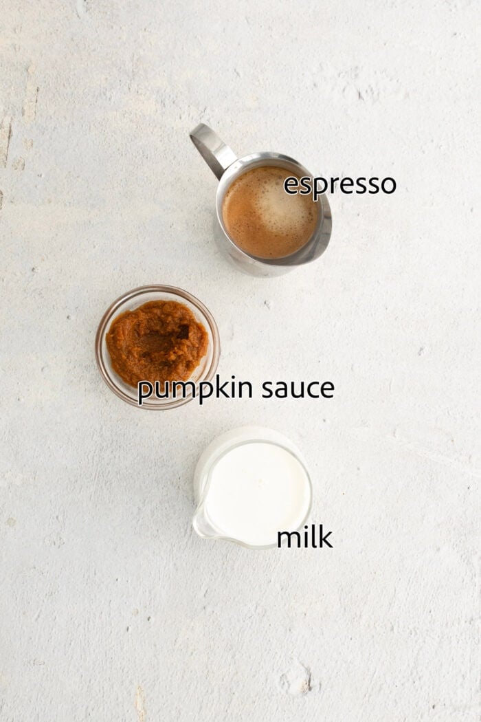 Ingredients for pumpkin spice latte are labeled: pumpkin sauce, espresso, milk.