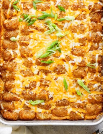 Recipe card photo for tater tot breakfast casserole.