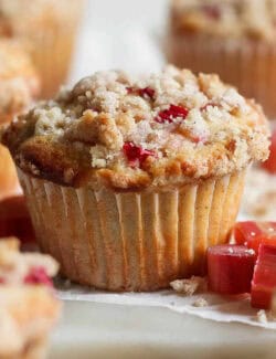 Pinterest image for rhubarb muffins recipe