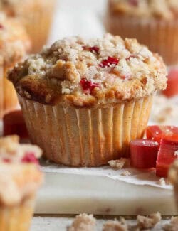 Pinterest image for rhubarb muffins recipe