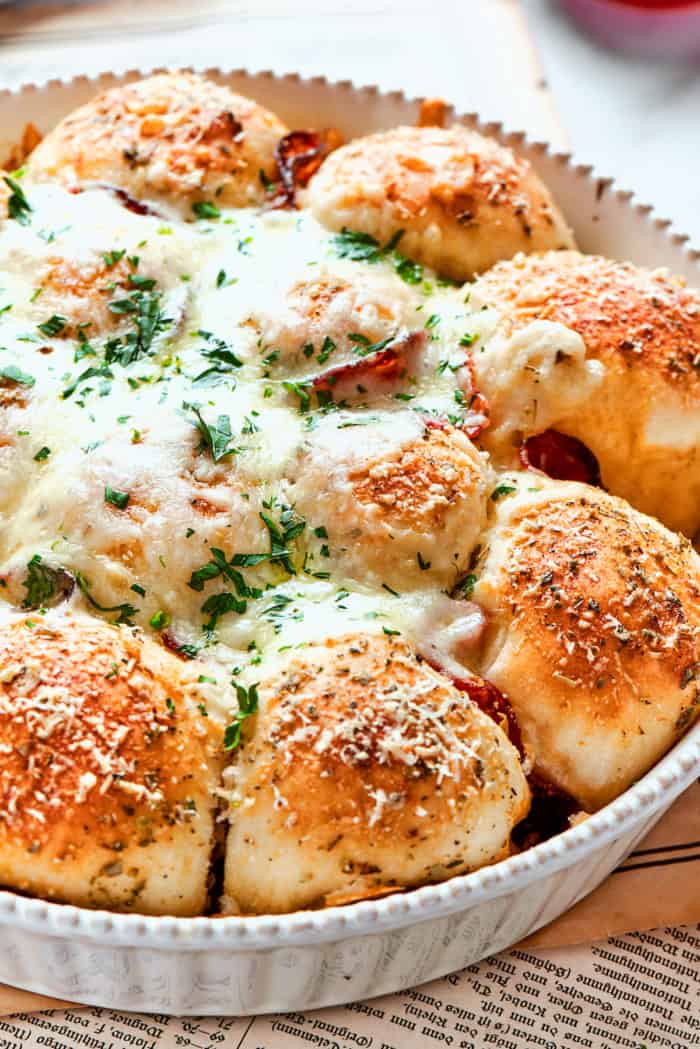 Cheesy pizza bites in baking dish