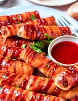 Barbecue-glazed shotgun shells on serving platter