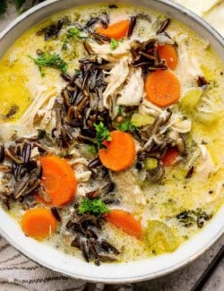 Pinterest image for creamy chicken & wild rice soup recipe
