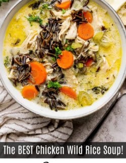 Pinterest image for creamy chicken & wild rice soup recipe