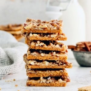 close-up photo of a stack of toffee pieces made with graham crackers
