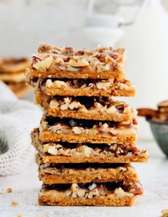 close-up photo of a stack of toffee pieces made with graham crackers