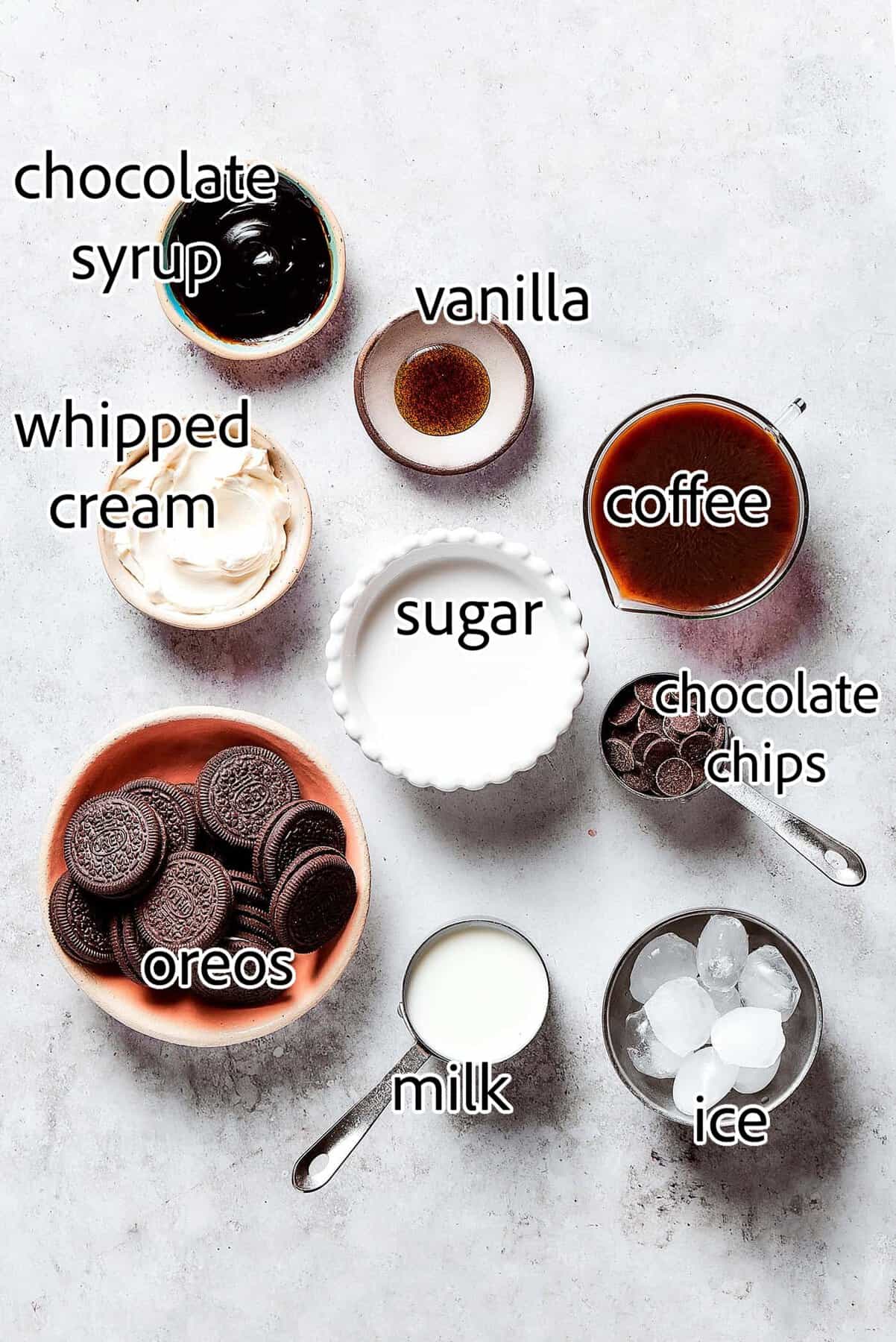 ingredients needed for mocha cookie crumble frappuccinos