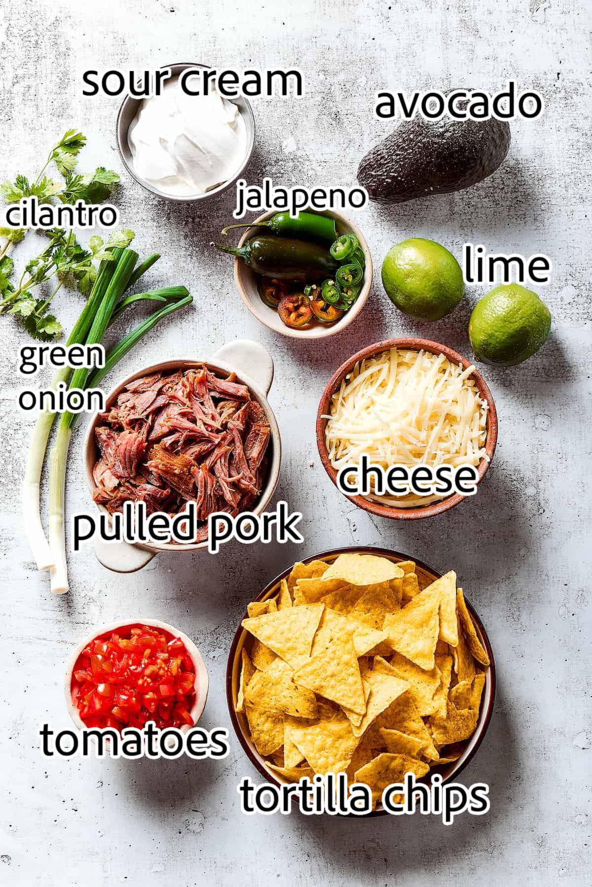 Loaded with pork, cheese, tomatoes, and all the toppings you desire, these Pulled Pork Nachos are an easy and tasty appetizer. ingredients needed for pulled pork nachos