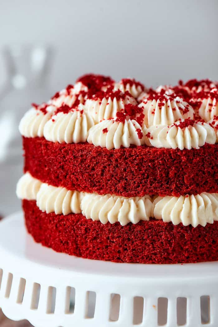 a double layer red velvet cake with cream cheese frosting, on a white pedestal
