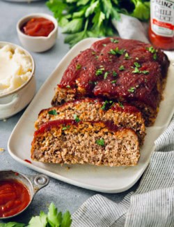 Sliced air fryer meatloaf on platter