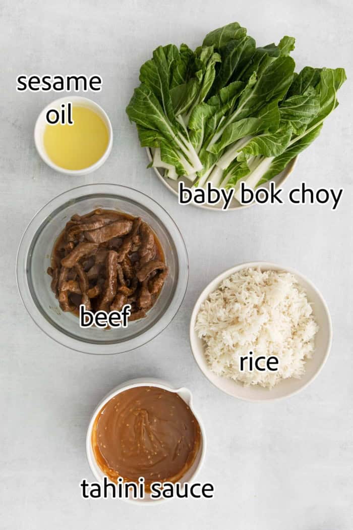These Beef Bulgogi Rice Bowls are an easy copycat of your favorite Korean BBQ! Flavorful beef bulgogi is served with crisp bok choy and rice. ingredients for beef bulgogi rice bowls