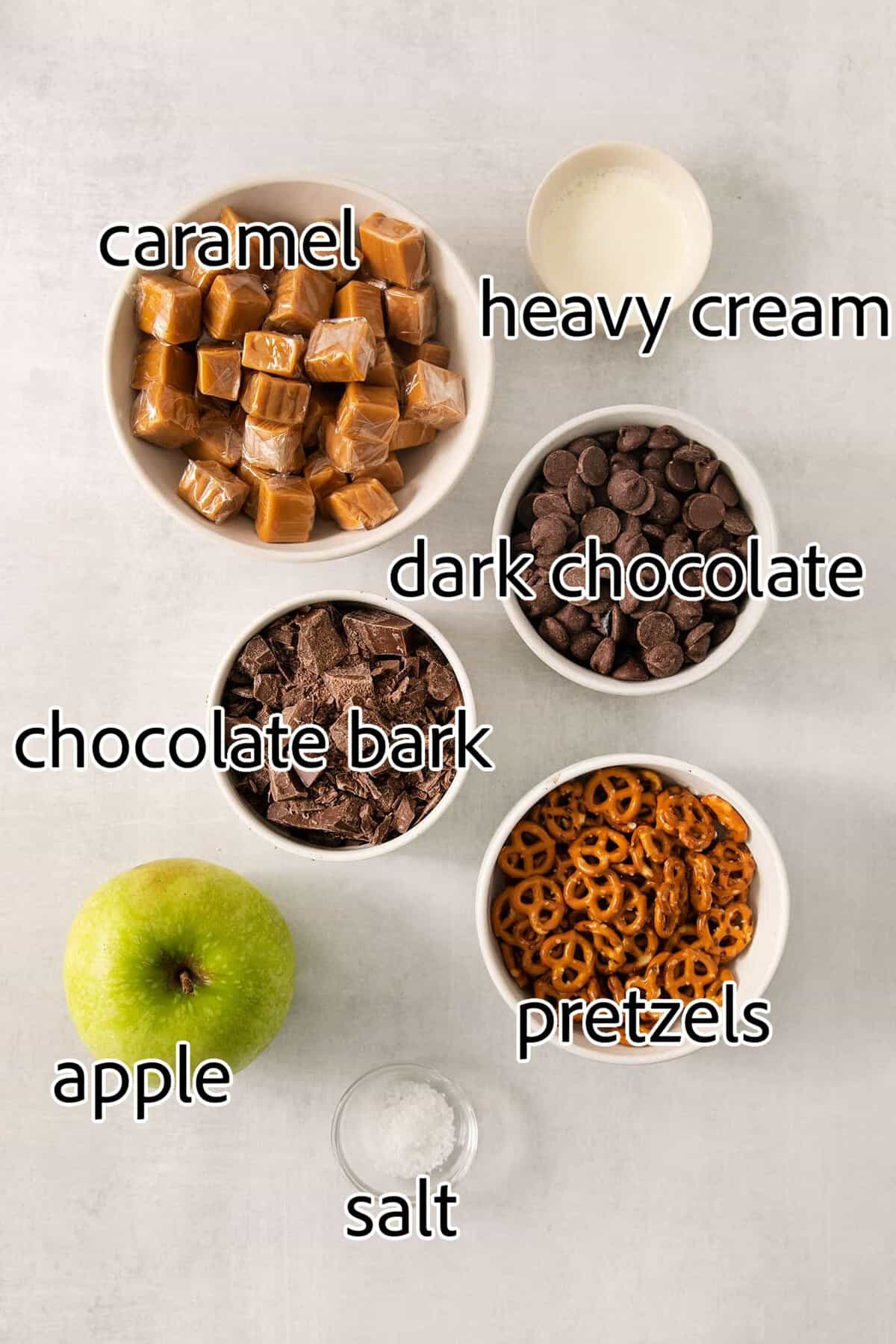 This Caramel Apple Bark is a fun treat to make when you want the flavor of a fresh caramel apple without the hassle. ingredients needed for caramel apple bark with pretzels