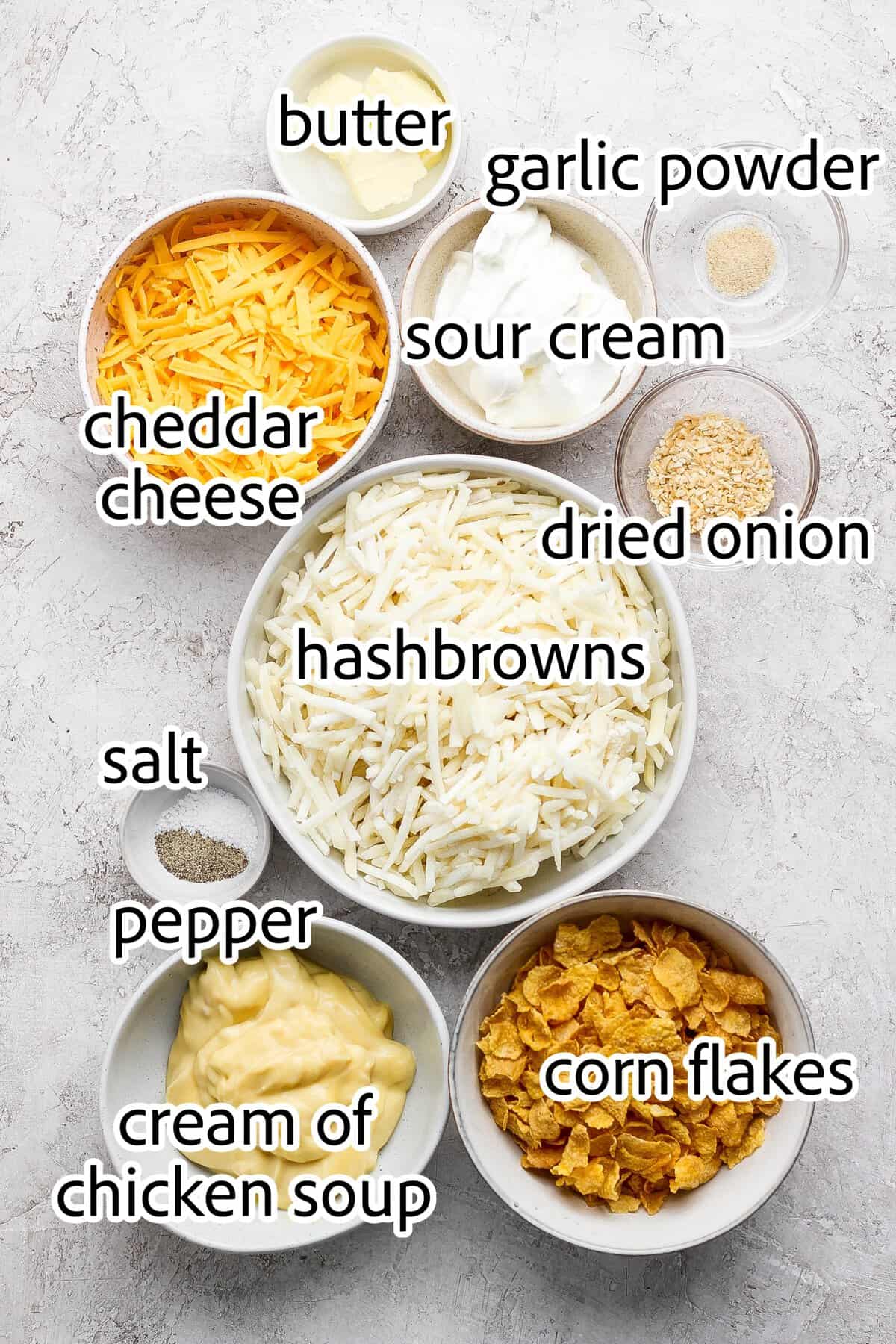 This cheesy hashbrown casserole recipe is an easy side dish that’s ready in under an hour. You'll love the crispy cornflake topping! ingredients needed for cheesy hashbrown casserole