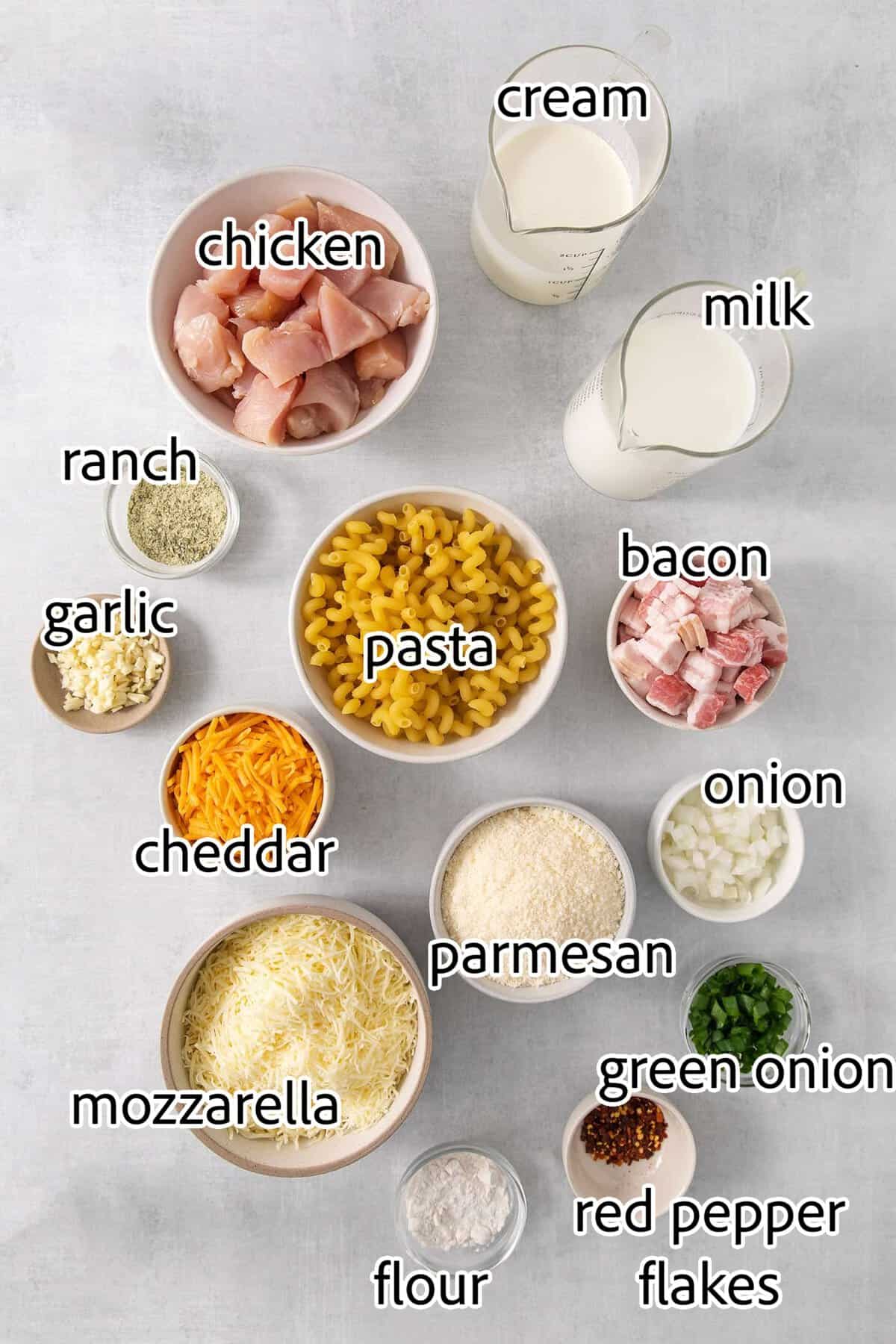 This Chicken Bacon Ranch Pasta is a perfect family-friendly meal loaded with flavor! Bacon, chicken, and pasta are baked in a creamy sauce. ingredients needed for chicken bacon ranch pasta