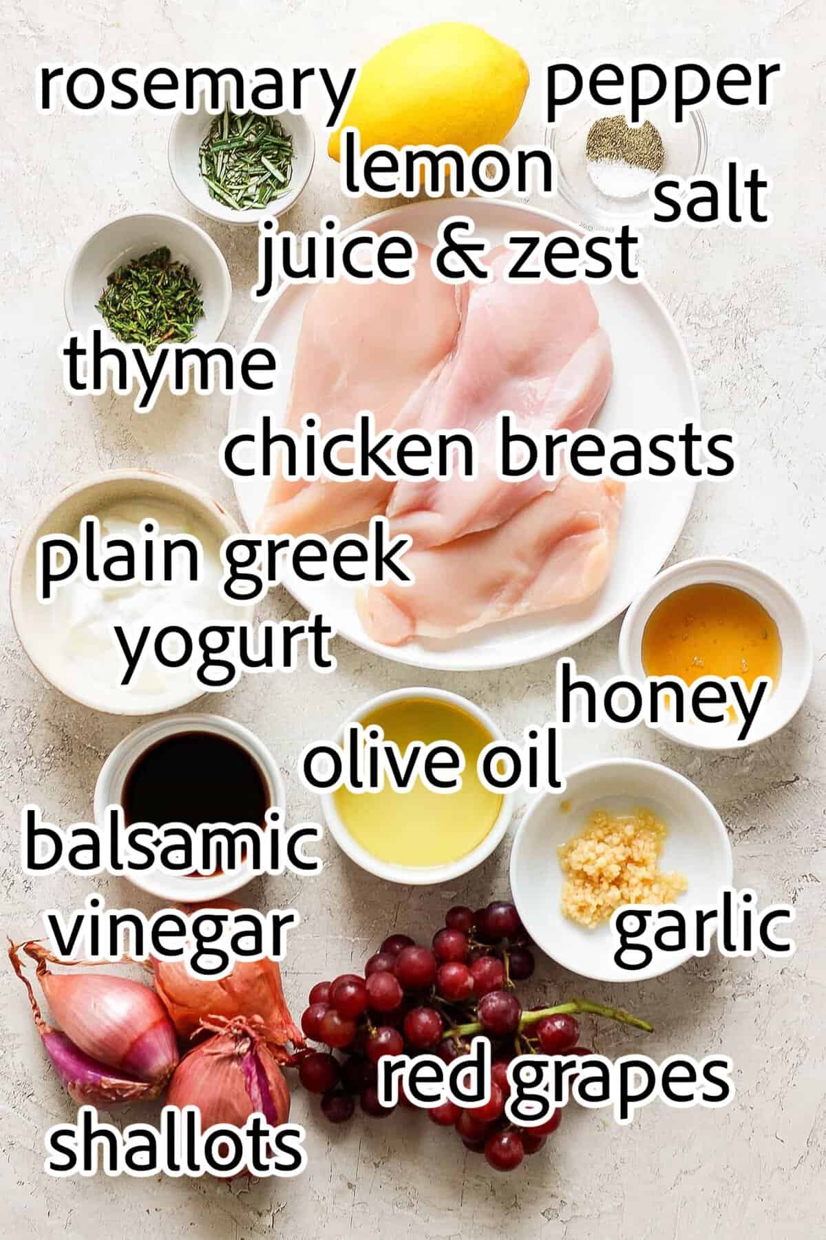 These tender Chicken Kabobs with Rapes are marinated in a lemon yogurt sauce and paired with honey balsamic shallots and sweet juicy grapes. ingredients needed for chicken kabobs with grapes