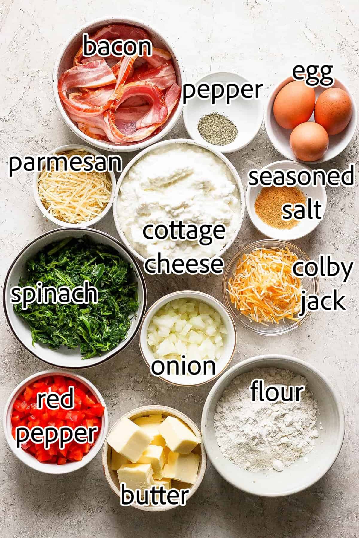 This protein-packed cottage cheese egg bake recipe combines creamy, fluffy eggs and cottage cheese with colorful veggies and crispy bacon. ingredients needed for cottage cheese egg bake