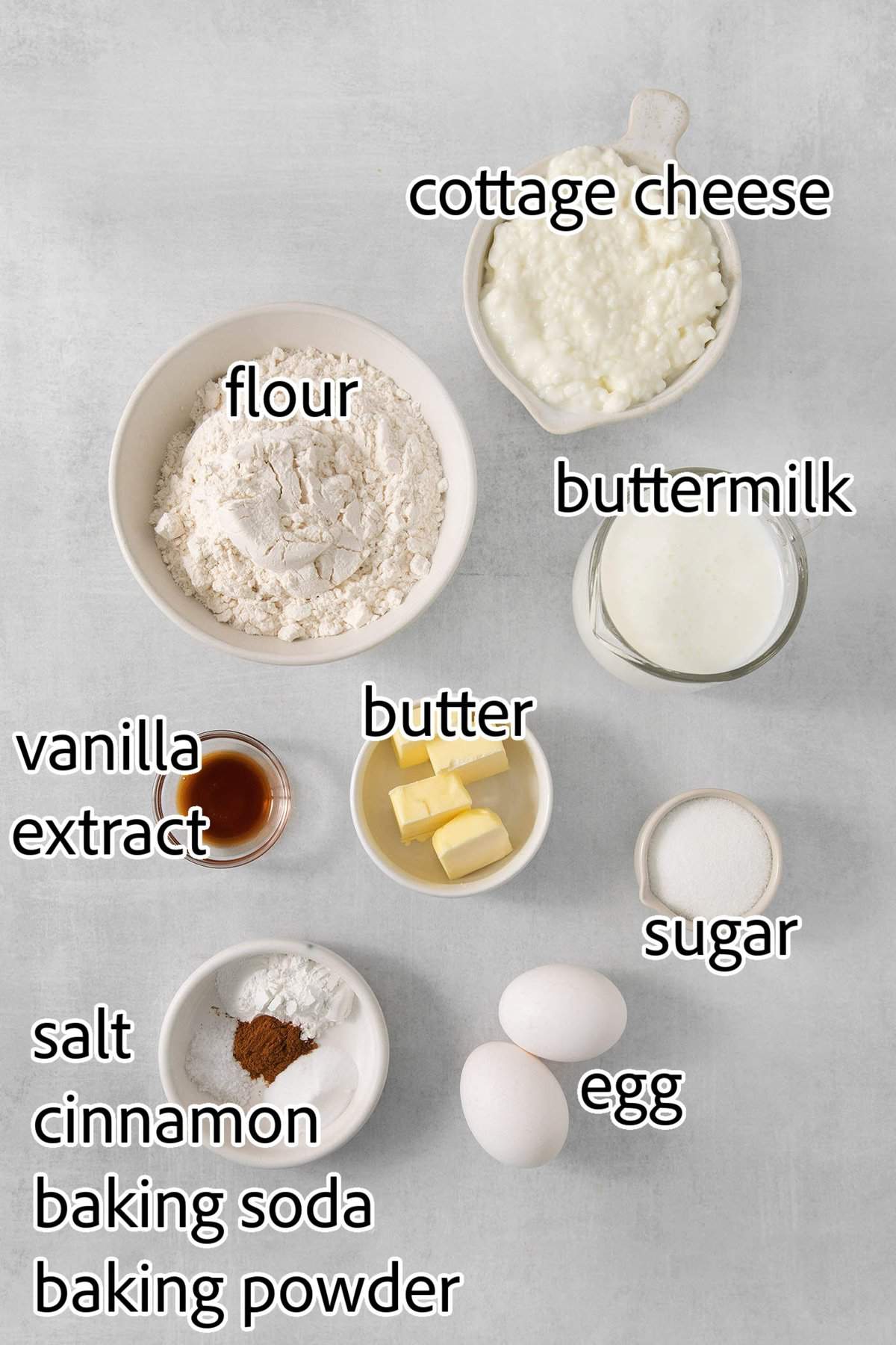 rotein-packed Cottage Cheese Pancakes are light and fluffy, flavored with cinnamon and vanilla, and rich and creamy from cottage cheese. ingredients for cottage cheese pancakes